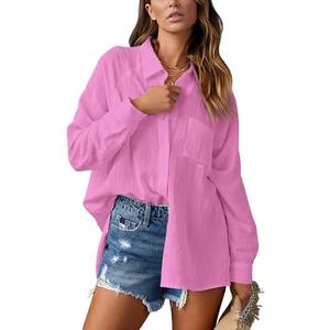 AISEW Womens Casual Button Down V Neck Shirts Raglan Long Sleeve Loose Fit Collared Work Blouses Tops with Pocket M