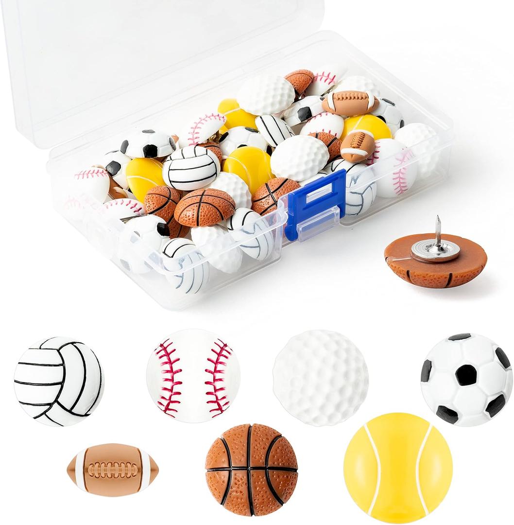 H1vojoxo 40PCS Creative Sport Ball Push Pins for Cork Board, Mini Decorative Resin Ball Pin, Football Thumb Packs for Bulletin Board, Rugby Thumb Tacks