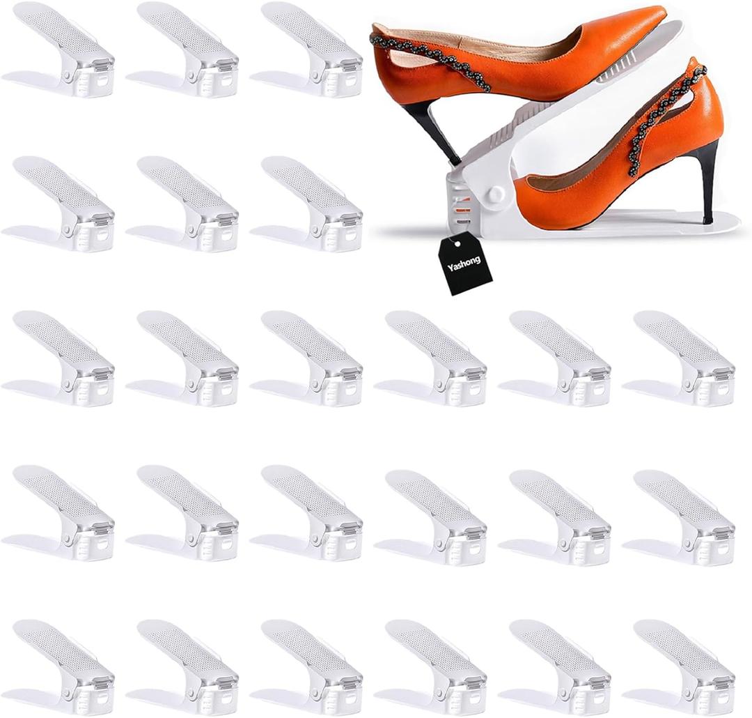 Shoe Slots Organizer, 24PCS Adjustable Double Layer Stack Shoe Rack, 50% Space-Saving Storage Rack Holder, White