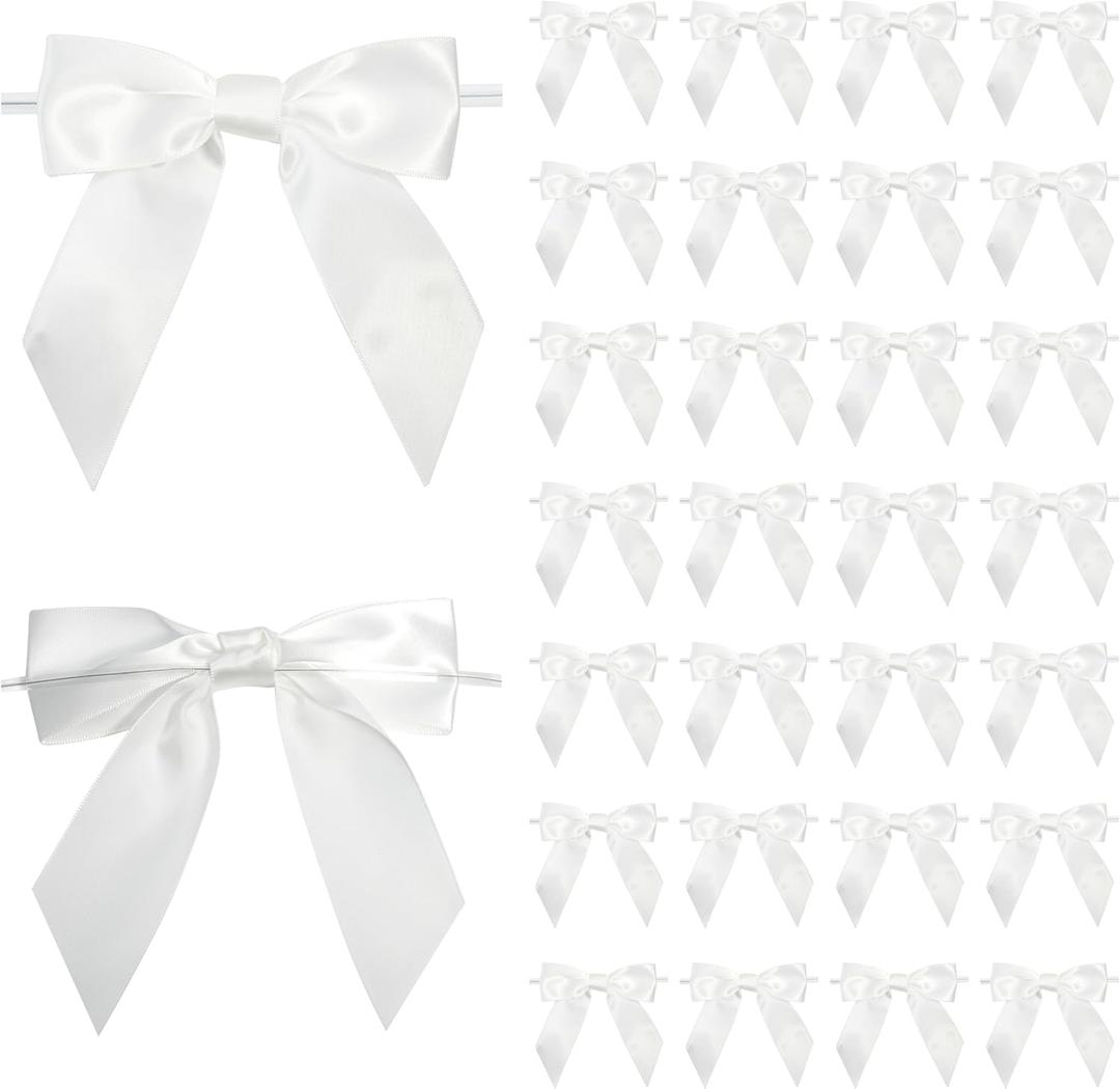 White Satin Ribbon Twist Tie Bows 5 Inch Pre-Tied White Gift Bows for Crafts, Treat Bags, Party Favors, Wedding, Baby Shower, Candy Apple, Christmas Tree (36 Pack)