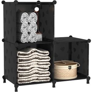 UNKU Cube Storage Organizer, 3 Cube Closet Organizer Storage Shelves, DIY Stackable Bookcase, Clothes Organizer Shelf for Closet, Bedroom, Living Room, Cabinet, Home, Office, Black
