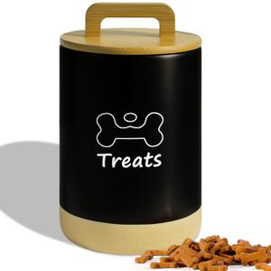 Dog Treat Container Airtight - 5 Inch Wide x 8.7 Inch Black Ceramic Dog Treat Jar for Kitchen Counter, Doggie Cookie Jar with Airtight Bamboo Lid - Farmhouse Style Dog Food Storage Container