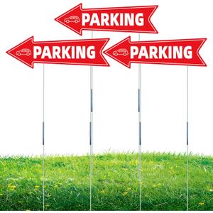 16 X 5 Inch Directional Parking Signs with Arrows - Durable Corrugated Plastic Event Parking Yard Signs, Red & White, Left & Right Arrow, with Stakes (3)
