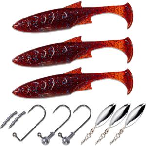 Paddle Tail Swimbaits Set, Ultra Soft PVCFreshwater & Saltwater Ready, Includes Hooks, Weight & Spinnerbait BladesFishing Gear for Bass and Predator Fish (4.33, Burgundy)