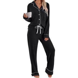LILLUSORY Women's Long Sleeve Pajama Set - Soft Button-Down Top & Comfortable Drawstring Pants with Pockets (Medium, Black)