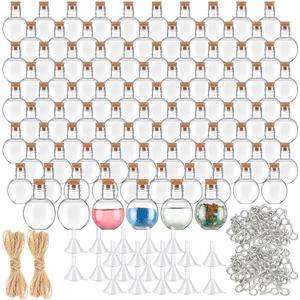 Bokon 50 Pack 1oz Plastic Mini Potion Bottles with Corks Spherical Small Sand Art jar Tiny Clear Ball Shape Liquor Bottles Bulk Wishing Vial for Birthday Halloween Party Favor DIY Crafts Gift (1.6x2 Inch, Round)