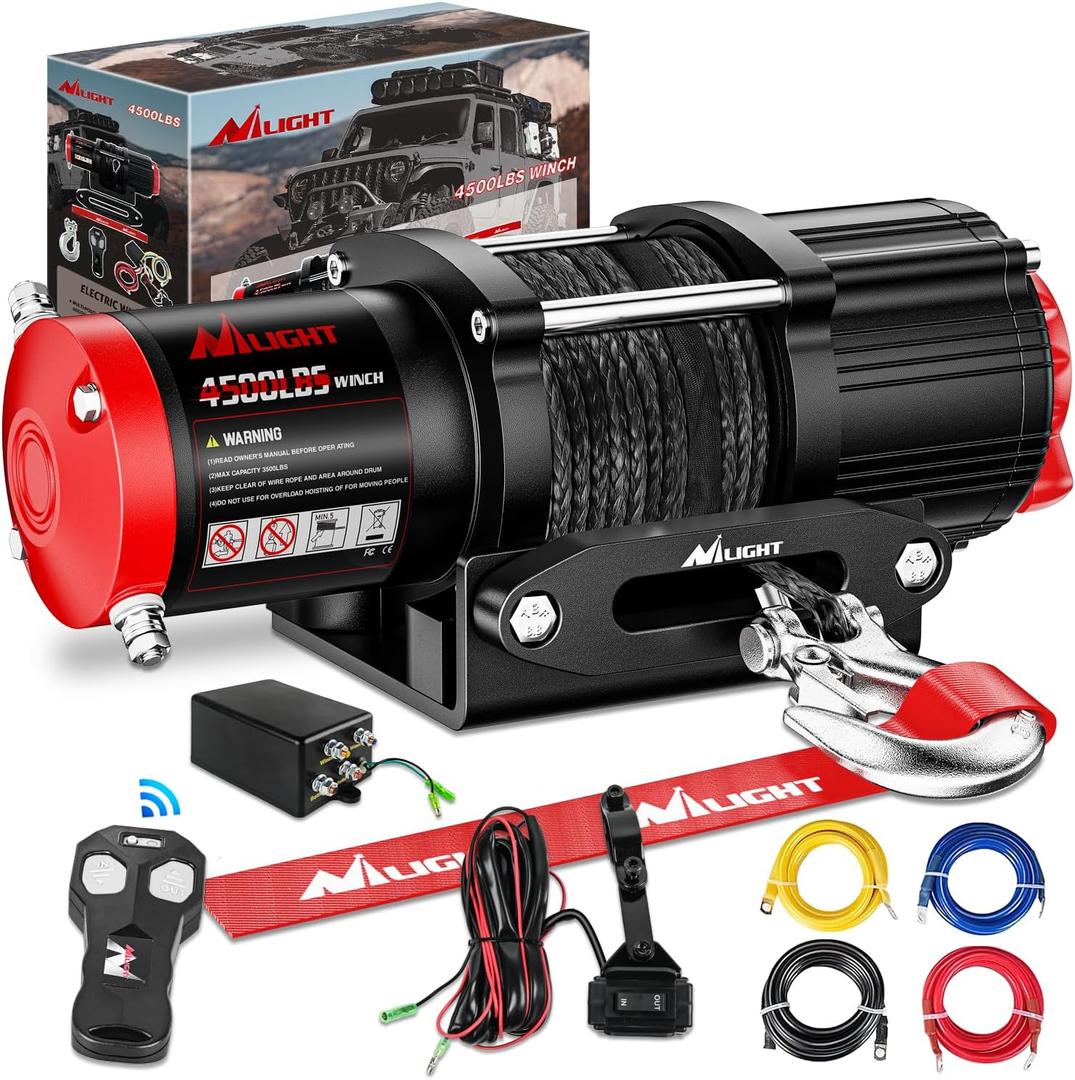 Nilight ATV UTV Electric Winch 12V 4500 lb Winches for Towing Trailer Truck Jeep Off Road Portable Waterproof IP67 Winch with Synthetic Rope Wireless & Wired Remote Control Hawse Fairlead Mount Plate