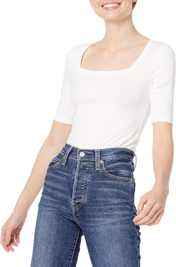 Amazon Essentials Women's Slim Fit Half Sleeve Square Neck T-Shirt, Bright White, X-Small