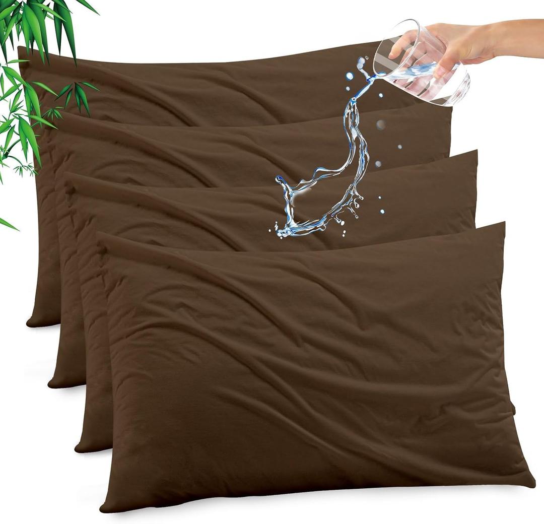 Gogreen Bamboo Rayon Waterproof Pillow Protector, Breathable Pillow Cover, Cooling Pillow Case Protector with Zipper, Super Soft Pillow Case Cover with Zipper (4 Packs, Queen 20"x30", Brown)
