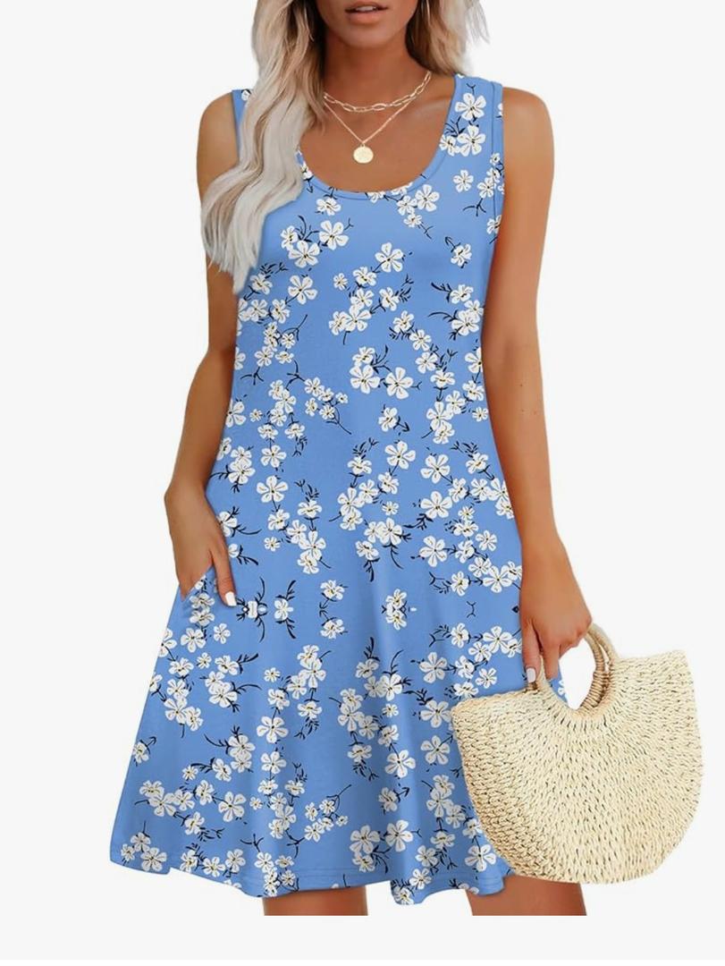 WEESO Womens Summer Dresses Loose U Neck Sleeveless Sundresses Dress with Pockets M