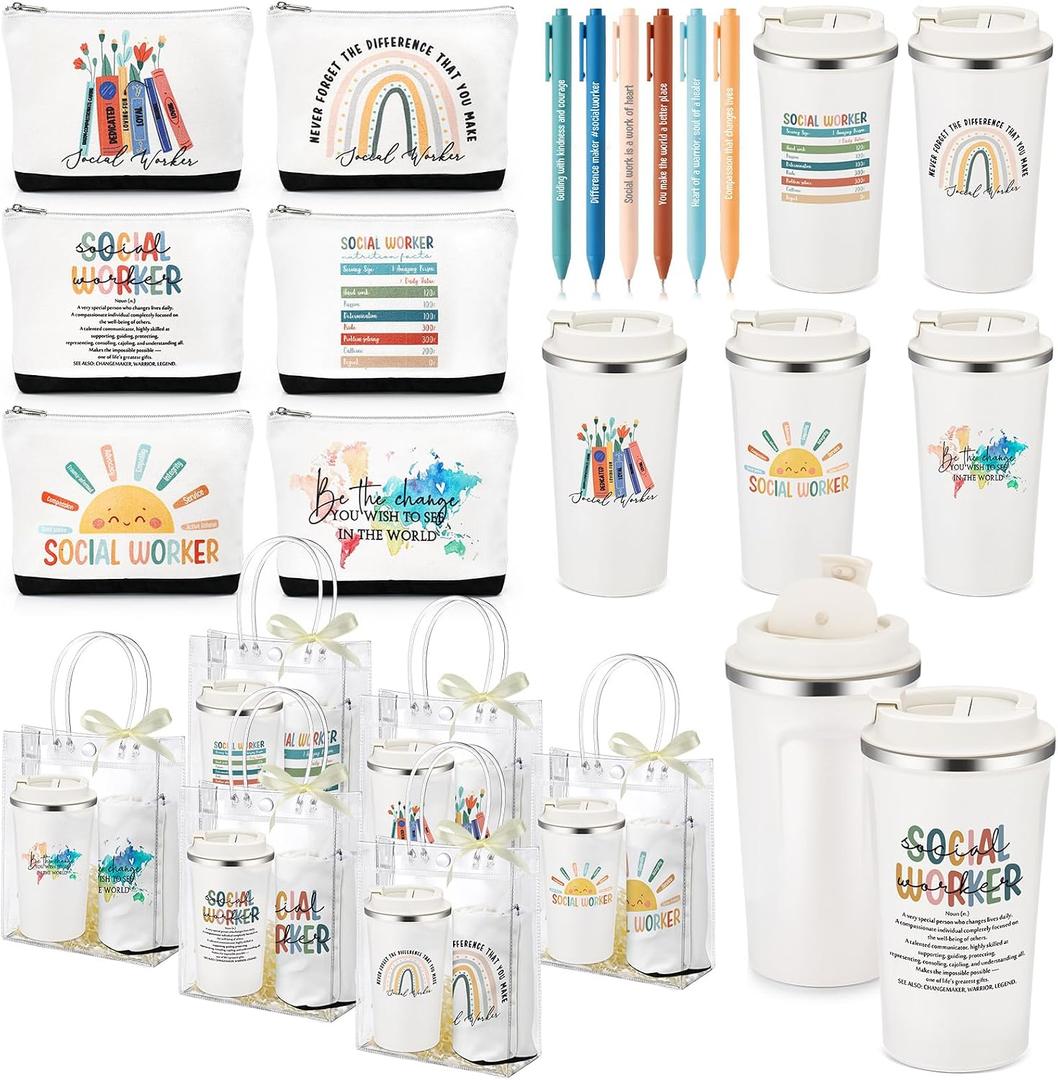 Newtay 24 Pcs/ 6 Sets Social Worker Graduation Gifts Insulated Coffee Mugs with Lids 17oz Makeup Bags PVC Tote with Pens for Social Work Graduation Gift for Bsw Msw Dsw