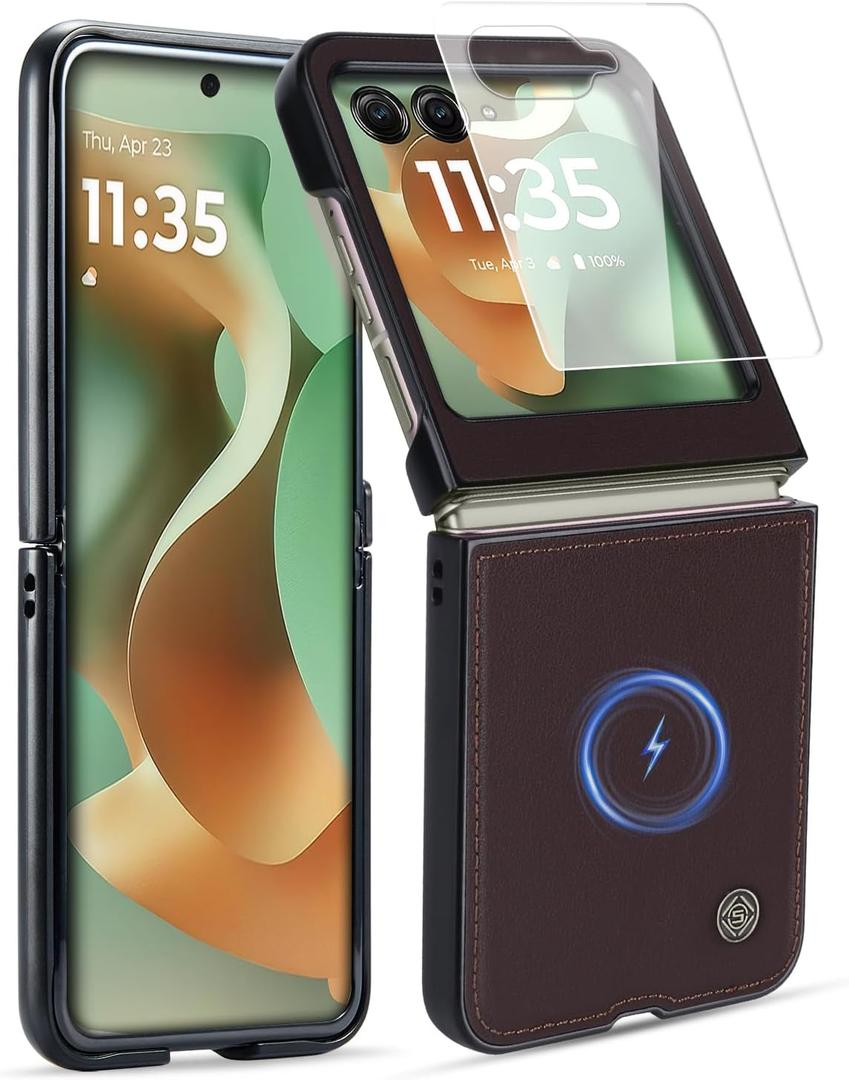 2 x ASAPDOS Genuine Leather Folio Magnetic Case for Motorola Razr 2025/2024 [Compatible with MagSafe],Built-in Screen Protector and Thin Slim Protective Case Cover Coffee