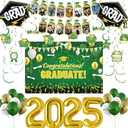 Graduation Decorations Class of 2025 - Green and Gold Grad Party Supplies with Dark Green and Gold White Balloons, Congratulations Graduate Photo Banner, Graduate Backdrop, Hanging Swirl Kit