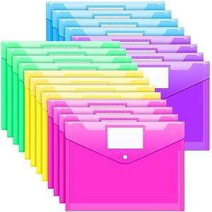 Sooez 15 Pack Folders Plastic Envelopes, Clear Plastic File Folder for Document, Letter A4 Size Poly File Envelopes with Label Pocket, Snap Button for Home Work Office Organizer, 5 Colors