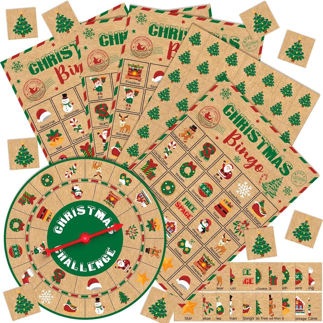 Shappy Christmas Bingo Game for Adults 24 Players with Turntable Christmas Party Games Activities for Large Group Family Vintage Holiday Xmas Characters Bingo Cards Caller Cards Prizes Crafts