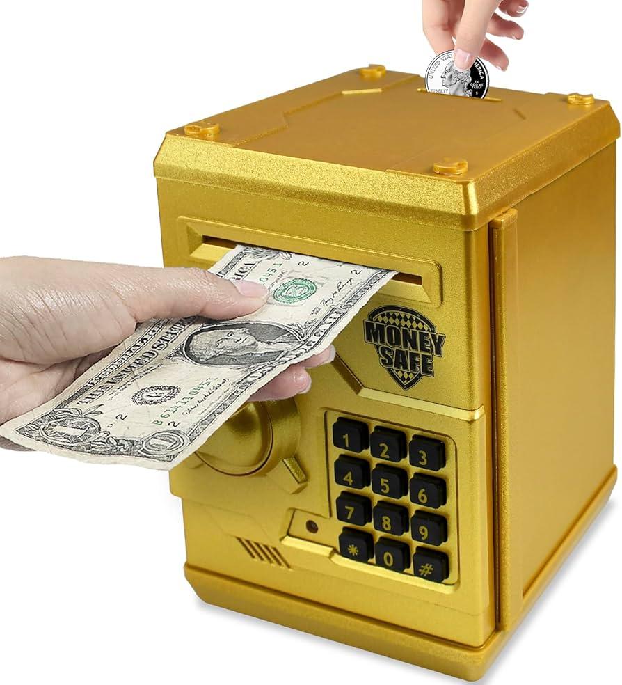 Totola Piggy Bank Electronic Mini ATM for Kids Baby Toy, Safe Coin Banks Money Saving Box Password Code Lock for Children,Boys Girls Best Gift (Gold)