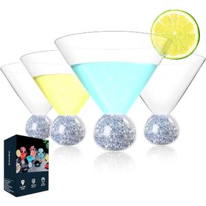 10oz Stemless Martini Glasses Set of 4, Cocktail Glasses with Sparkle Base, Fancy Ultra-thin Margarita Glassware, Hand Blown Crystal Cup for Parties, Birthdays, Gift, Bar, Dessert (Silver)