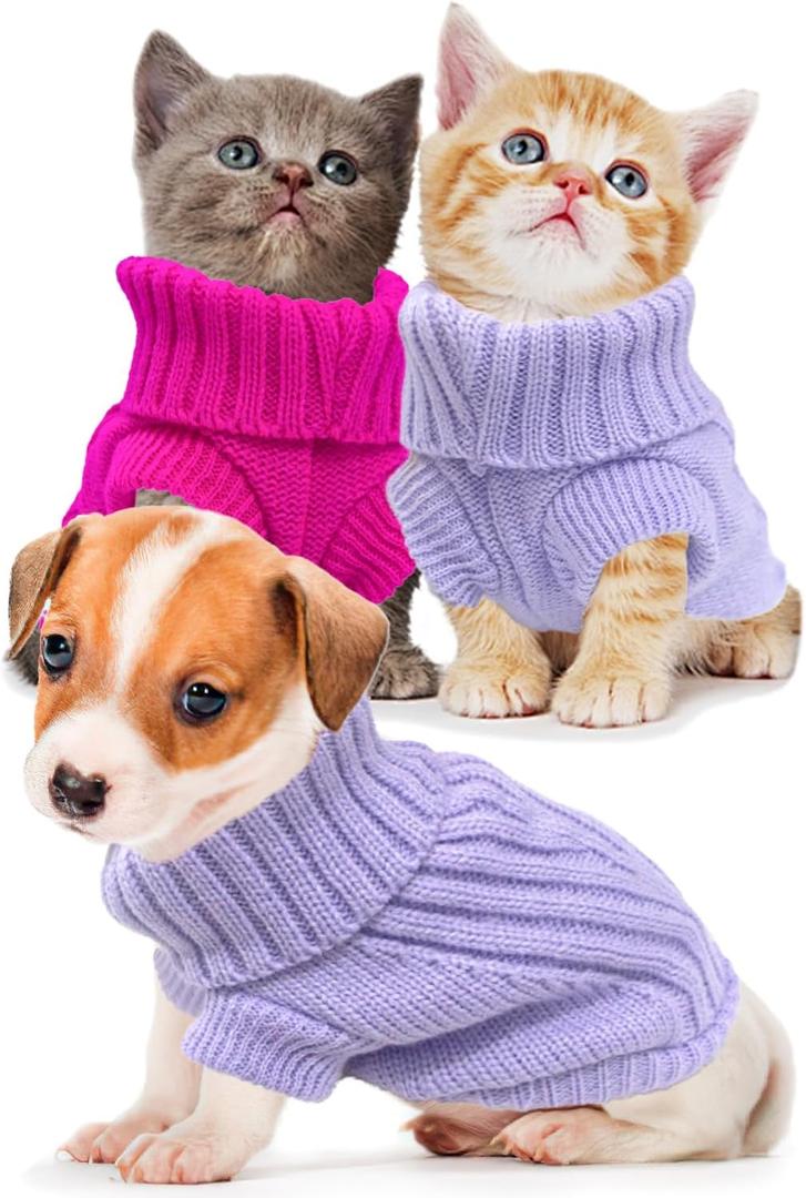 2 Pack Dog Sweater for Small Dogs, XXS Dog Sweater Fall Dog Clothes Winter Knitwear Warm Puppy Sweaters Cute Chihuahua Yorkie Puppy Clothes Xxs (Rose+ Purple)