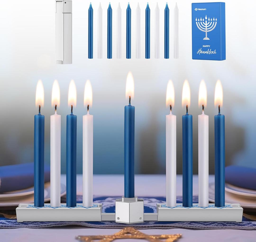 Meonum Folding Travel Chanukah Menorah with Candle Set, Foldable Hanukkah Menorah with 10 Blue and White Candles, Satin Silver, Fits Standard 0.3 in Hanukkah Candles, for All 8 Nights of Chanukah