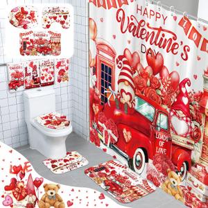 FuWeave 8 Pcs Valentines Shower Curtain Set Red Heart Sweet Love Romantic Bathroom Decor Valentines Day Gnome Waterproof Shower Curtain Towels Non Slip Rug Toilet Lid Cover Bath Mat with 12 Hooks