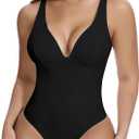 SHAPERIN Women's Deep V Neck Shapewear Bodysuit Double Lined Plunge Low Back Tummy Control Thong Backless Body Shaper (Black), XXL