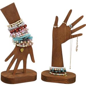 MOOCA 2 Pcs Set Multi-Functional Tabletop or Wall-Mountable Wooden Hand-Shaped Jewelry Display Stand For More Bracelet Storage, Premium Real Wood Sturdy Base, Brown Color