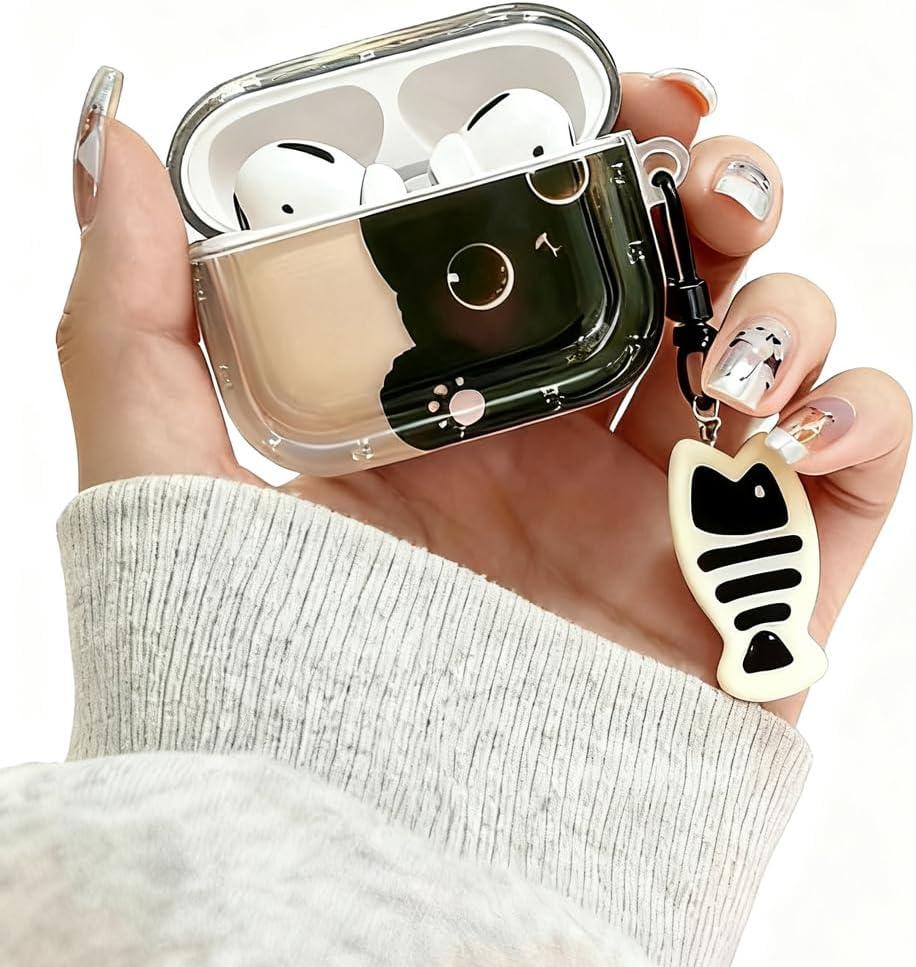 Cute Cartoon Black Cat Case for AirPods 3rd Generation with Fish Keychain, Clear Protective Cover Compatible with AirPods 3 Gen for Girls Women Boys