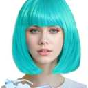 Wig and Sunglasses 12 Inch Short Bob Wigs with Bangs for Women Costume Cosplay Party (Turquoise)