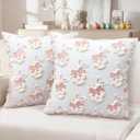 Easter Decorative Pillow Covers 18x18 inch Set of 2, Pink Ears Rabbit White Eggs with Bow Star Embroidered Soft Plush Faux Fur Farmhouse Throw Cushion Cases for Spring Holiday Home Decor