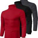 Ficerd 3 Pack Men's Turtleneck Shirts, Long Sleeve Cotton Pullover Sweaters Mock Neck Knitted T-Shirt Basic Slim Fit Tops (Large, Dark Gray, Black, Red)