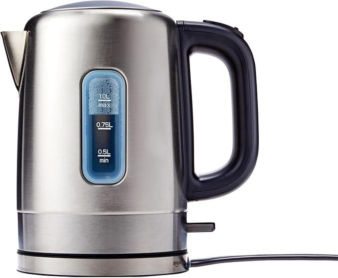 Basics Electric Stainless Steel Kettle for Tea and Coffee, BPAFree, Fast Boiling, Auto ShutOff, 1 Liter, 1500W, Black and Silver
