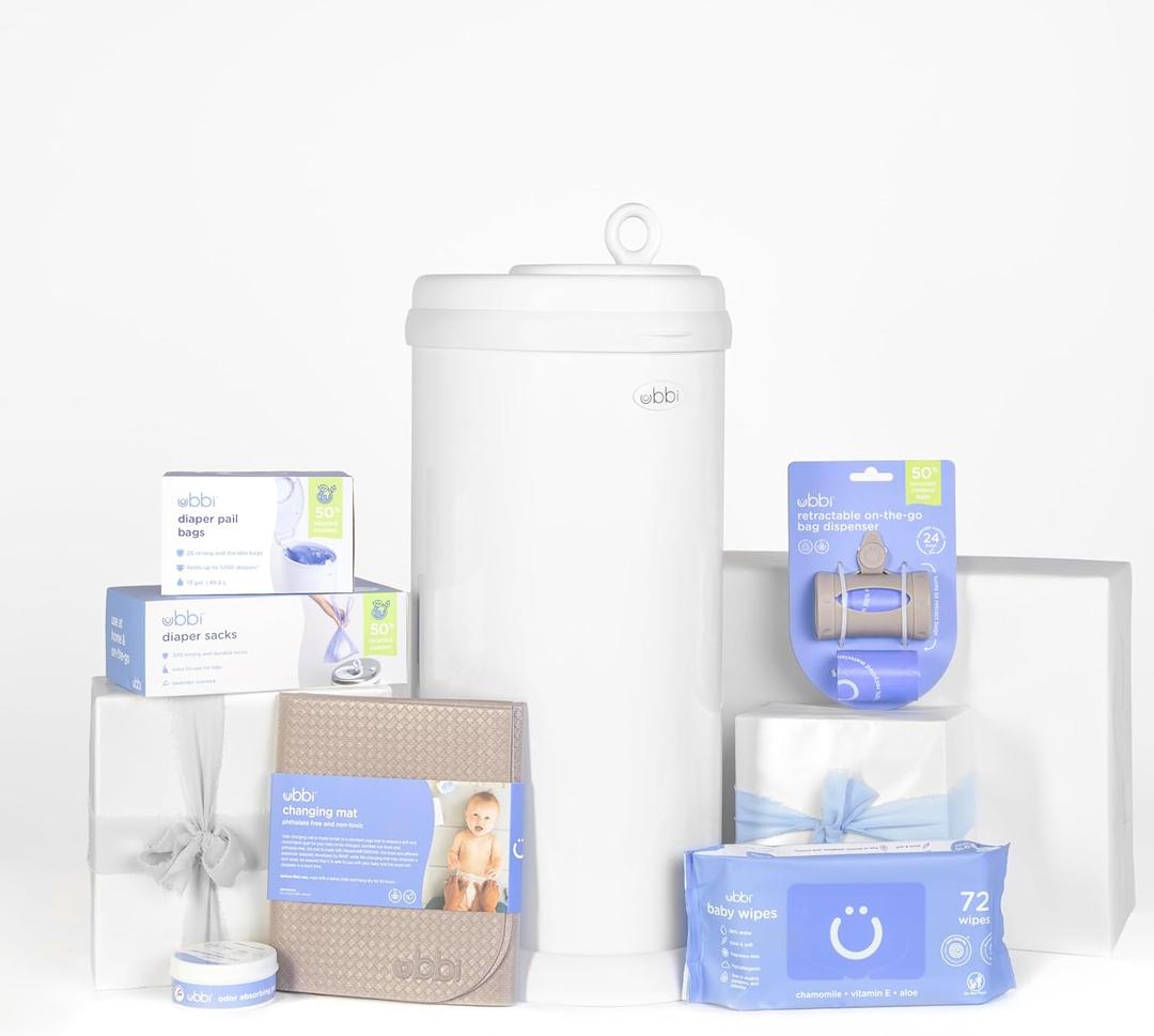 Ubbi Diaper Changing Value Gift Set, Includes White Diaper Pail, Absorbing Gels, Travel Changing Mat, Pail Waste Bags, On-the-Go Waste Sacks & Bag Dispenser, & Baby Wipes, Baby Registry Gift