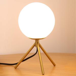 Mid Century Modern Table Lamp - Gold Glass Globe Desk Reading Lamp - Contemporary Minimalist Brushed Brass Bedside Desk Nightstand Industrial Vintage Bedside Table Light, 10"D x 10"W x 13.7"H