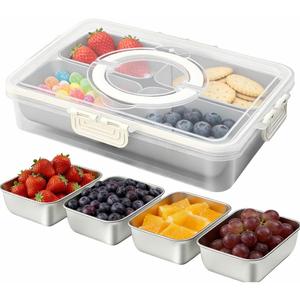 WanshengLe 4 in 1 Stainless Steel Snackle Box 3.82L with Lids and Handle, 4 PCS Dishwasher Safe & Detachable Snacklebox, 4 Divided Storage Organizer for Snacks Fruit Nuts