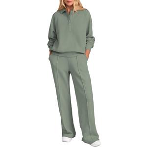PRETTYGARDEN Women Fall 2 Piece Outfits Sweatsuits Quarter Button Long Sleeve Sweatshirt Wide Leg Pants Tracksuit Lounge Sets (Small, Bean Green)