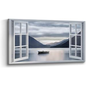 Lake Nature Landscape Wall Art: Large Mountain Scenery Canvas Artwork Window View Boat Print Painting Decor Calming Horizontal Yosemite Picture for Living Room Bedroom Home Office, 48"L x 24"W