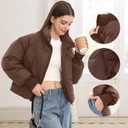 Women’s Winter Cropped Puffer Jacket Coat Casual Quilted Baggy Long Sleeve Zip Down Jackets Outerwear (Brown, S)