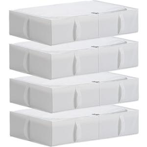 TYEERS Under Bed Storage Containers, Durable Fabric, Washable, Collapsible, Under Bed Storage Bins for Clothes, Blankets, Sheets, Shoes, 27.5x16.5x7 Inches, 4-Pack, White