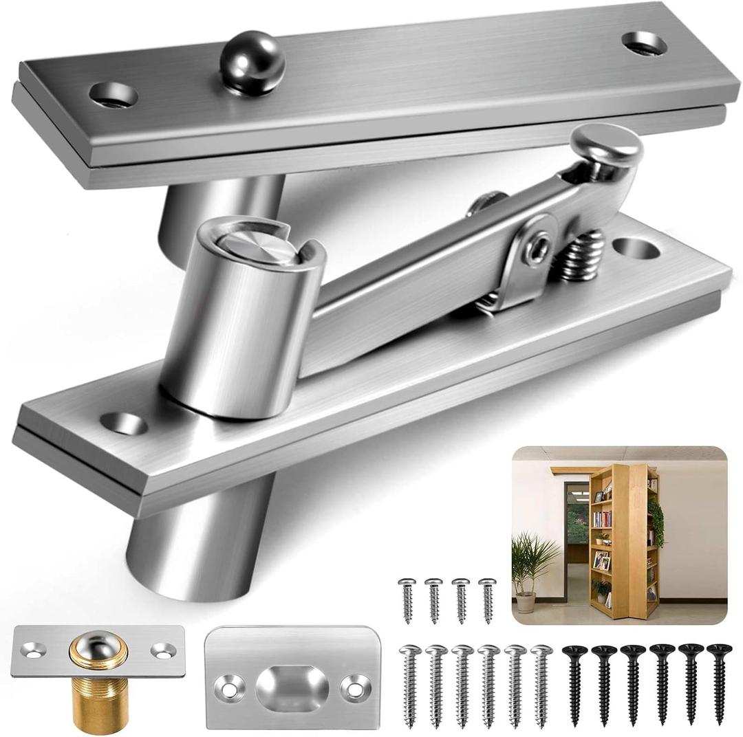 Hidden Door Hinges for Max 200 lb Wood Doors,Pivot Hinges for Hidden Door Bookcase,Secret Door,with Door Ball Catch Hardware (1, Silver)
