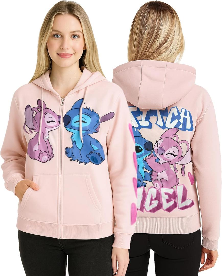 Disney Womens Zip Up Hoodies - Cars Lightning McQueen Lilo and Stitch Angel Fleece Graphic Sweatshirts for Women XL