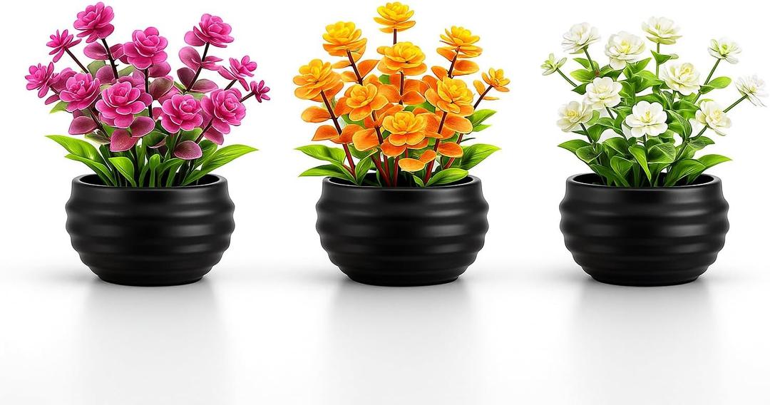 Artificial Plants Indoor Set of 3, Mini Potted Fake Plants for Home Decoration, Office Desk, Bathroom Shelf Decor, Small Faux Greenery Artificial Flower, Gift Idea Set