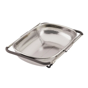 Rachael Ray Tools and Gadgets Over-The-Sink Colander/Strainer for Pasta, Fruits, Veggies, Expandable Silicone Grips, Dishwasher Safe, 4.5 Quart, Stainless Steel with Gray Handles