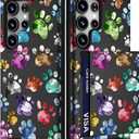 Compatible with Samsung Galaxy S24 Ultra Case Cute with Card Holder/Slim Wallet Phone Cover for Women/Colorful Doodle Paws Dog Craws Footprints Animal Watercolor