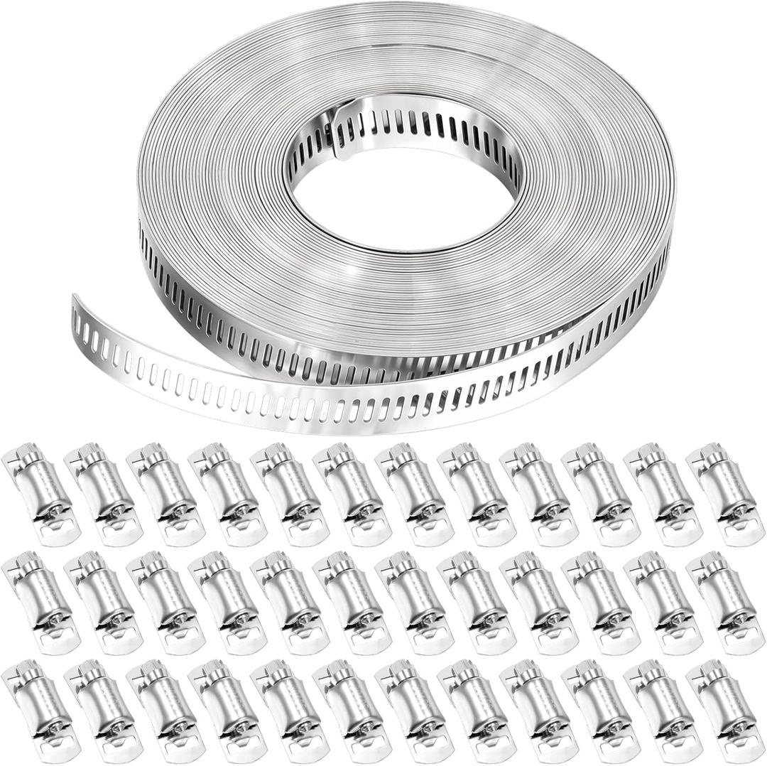 Hose Clamps 32.8FT Strap+30 Fasteners,DIY Cut-To-Fit 304 Stainless Steel Adjustable Large Worm Gear Band Clamp Assortment Kit,Metal Screw Fasteners and Strapping for Pipe,Duct,Pole,Tube