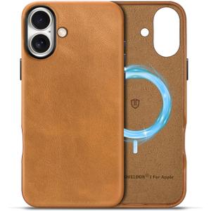 SHIELDON Case for iPhone 16 Plus 2024, Genuine Leather Magnetic Wireless Charging Slim Non-Slip Grip Shockproof Protective Cover with Metal Button Compatible with iPhone 16 Plus - Retro Light Brown