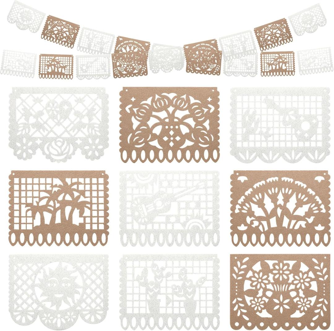 4 Pcs Mexican Party Banner, 40 Feet Felt White Brown Papel Picado Banner, Mexican Cinco De Mayo Decorations Hanging Garlands Fiesta Birthday Cielito Lindo Baby Shower Party Decorations(4 Pcs, Stylish)