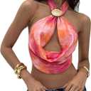 SOLY HUX Women's Backless Halter Crop Top Cowl Neck Tie Back Sexy Going Out Tops Vacation Outfits (Pink, L)