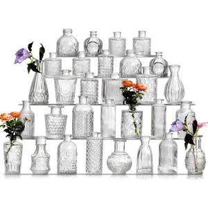Glass Bud Vase Set of 30 - Small Vases for Flowers in Bulk - Assorted Vintage Crystal Vases for Flowers, Table Centerpieces (Clear, 30 Pcs)
