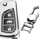 Soft TPU Case Key Fob Cover For Toyota 4Runner Avalon C-HR Camry Corolla Fortuner Highlander Levin RAV4 LE Sequoia Sienna Tacoma Tundra Yaris Car Key Shells - Glossy Silver - Metal Keychain