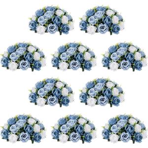 NUPTIO Artificial Flower Centrepieces for Tables - 10 Pcs DustyBlue & White Fake Flowers Roses Balls 13.8in Diameter - Silk Faux Rose Arrangement for Wedding Party Centerpiece Table Decorations